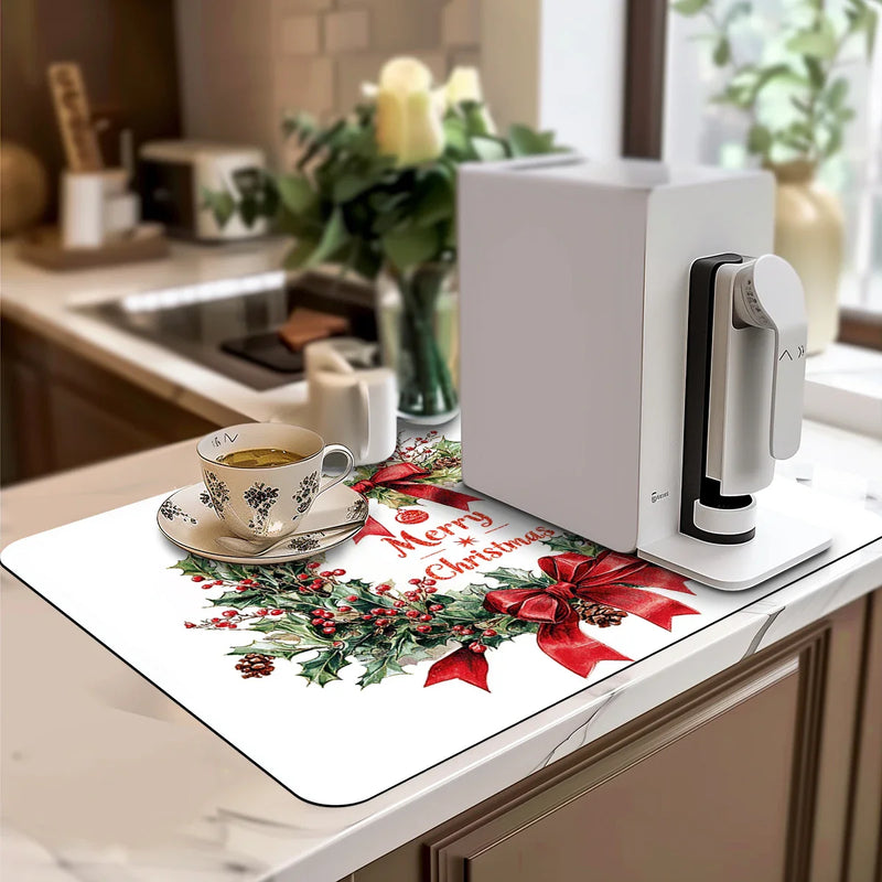 Axyaa Christmas Bow Dish Drying Mat: Heat Resistant, Non-slip Kitchen Drain Pad