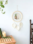 White Leaf Macrame Wall Round Mirror for Home Decor by Axyaa