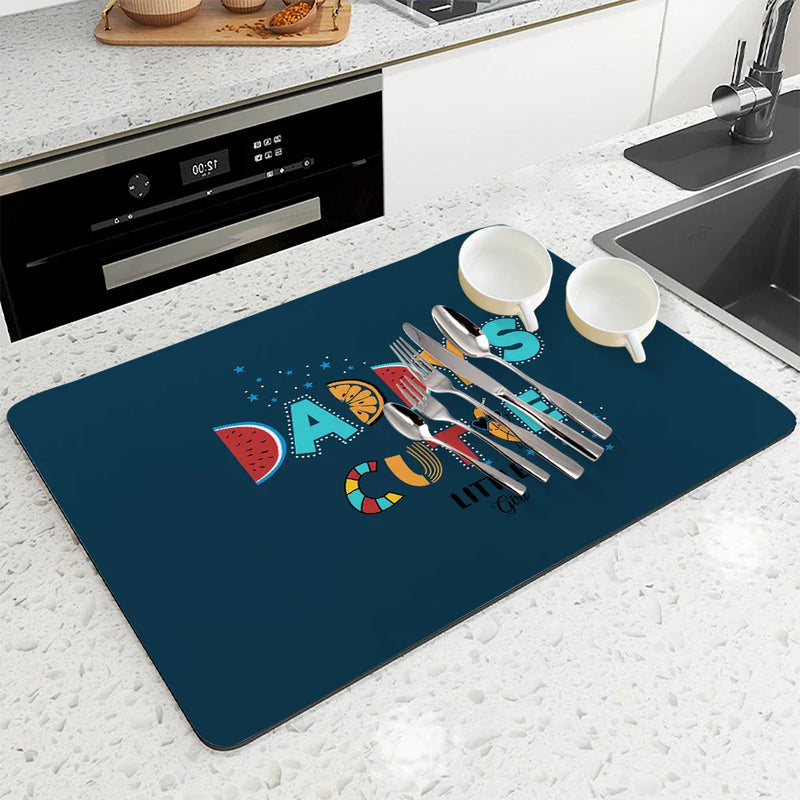 Axyaa Dino Text Kitchen Drying Mat - Quick Draining Pad for Bathroom & Faucet