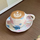 Axyaa Ceramic Coffee Cups & Saucers Set, Hand-Kneaded Flower Design Mug, Ideal for Afternoon Tea