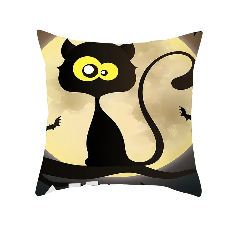 Axyaa Black Cat Pumpkin Cushion Cover 45x45 cm - Home Decor Funny Printed Pillow Case