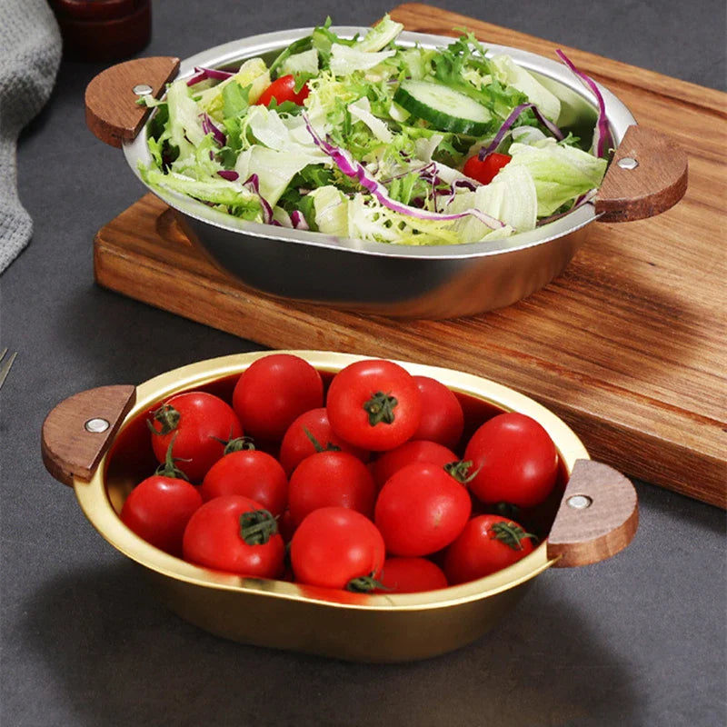 Axyaa Stainless Steel Salad Bowl with Wooden Handle for Children, Outdoor Picnic Tableware