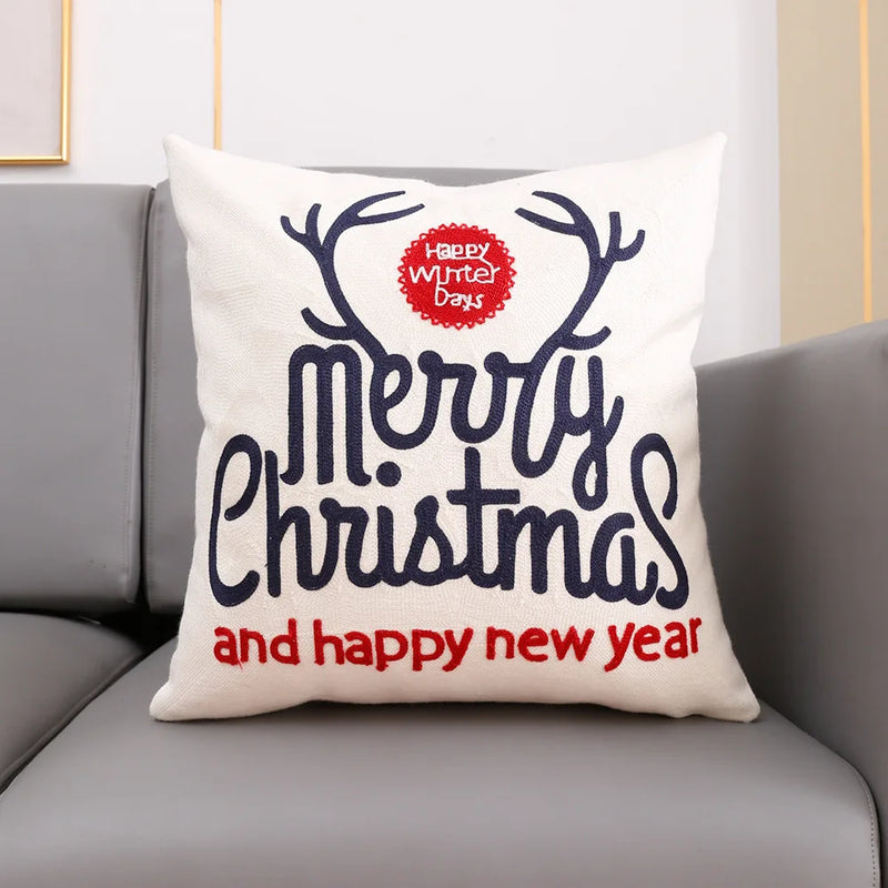 Embroidered Santa Deer Snowflake Pillow Cover 45x45cm for Sofa Bed by Axyaa