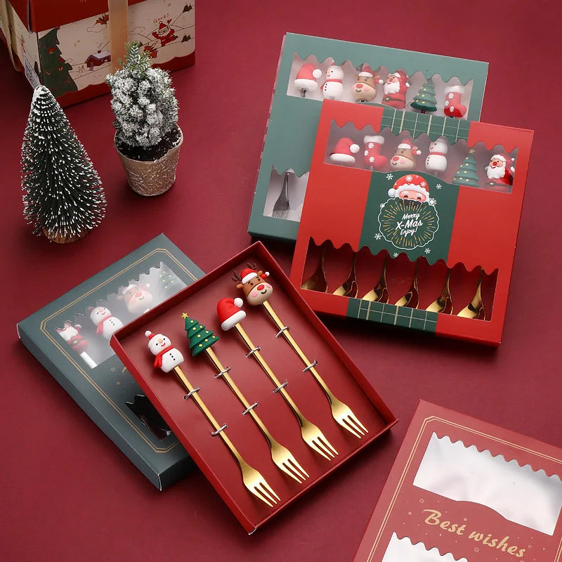 Axyaa Christmas Cutlery Set: Spoon, Fork, Elk Tree Decoration, Dessert Scoop
