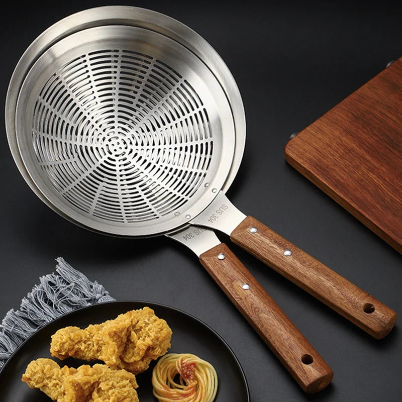 Axyaa Stainless Steel Large Colander with Wooden Handle - Kitchen Strainer Skimmer