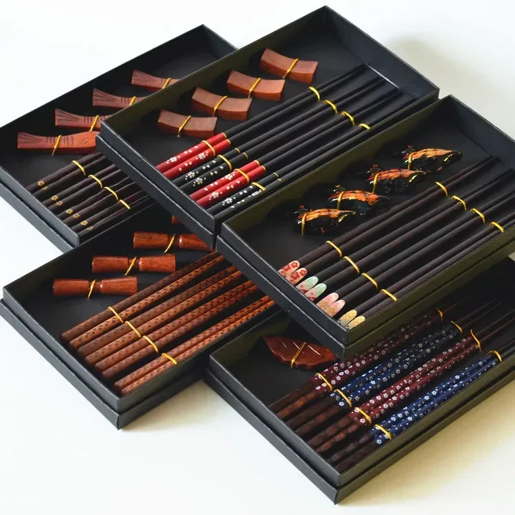 Axya Wooden Chopsticks Set with Rests - Four Pairs in Gift Box