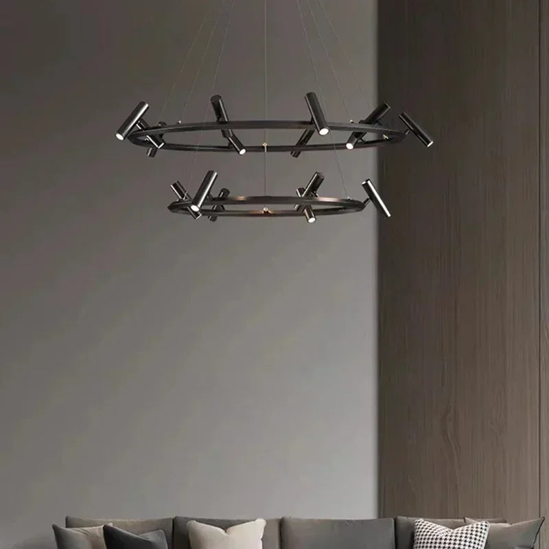 Axyaa Round Black Metal Chandelier - Adjustable LED Pendant Light for Home Lighting