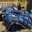 Luxury European Embroidery Four Piece Set by Axyaa - Polished Solid Color & Lace Bed Skirt