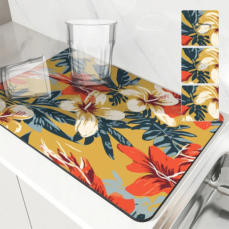 Axyaa Kitchen Drying Mat Plants Flowers Absorbent Dish Placemat