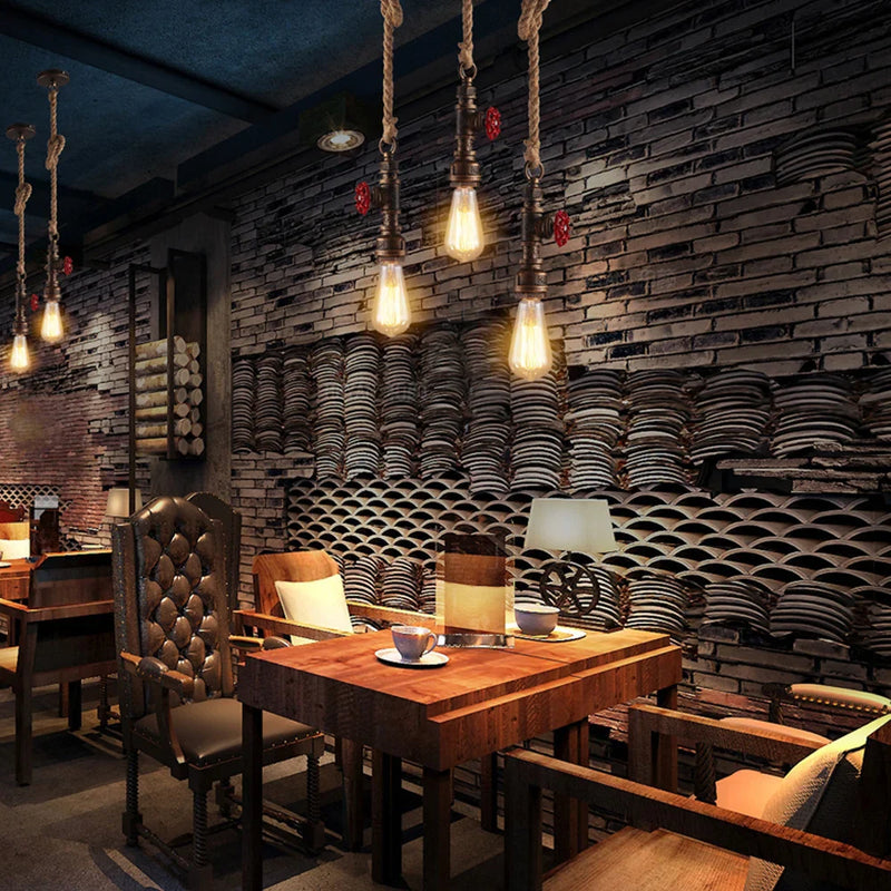 Axyaa Retro Loft Iron Pipe Pendant Lamp with Hemp Rope - Kitchen Lighting