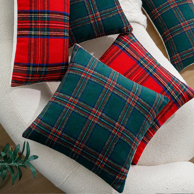 Axyaa Christmas Plaid Cushion Cover - Retro Red/Green 45x45cm