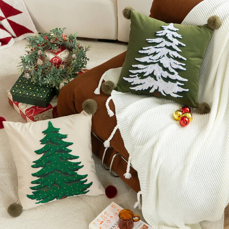 Axyaa Velvet Christmas Pillow Cover Snow Tree Embroidery Rustic Decor