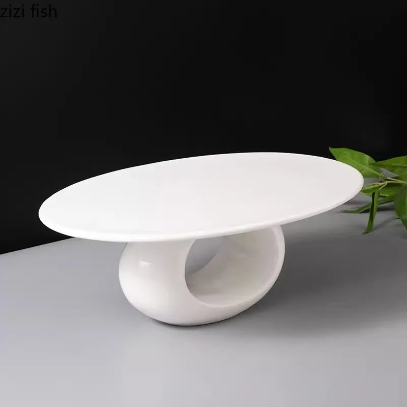 Axya High Foot Ceramic Dinner Plate - Pure White Oval Flat Plate