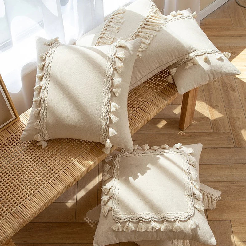 Axyaa Beige Cotton Weave Fringed Cushion Cover for Home Decor