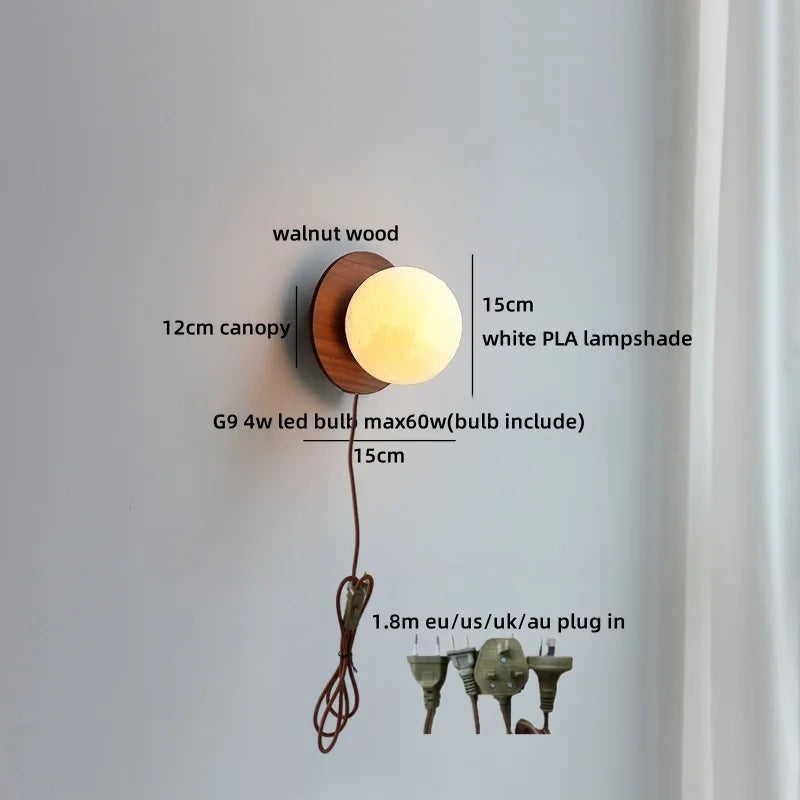 Axyaa Nordic LED Walnut Wood Glass Ball Wall Sconce with Pull Chain Switch