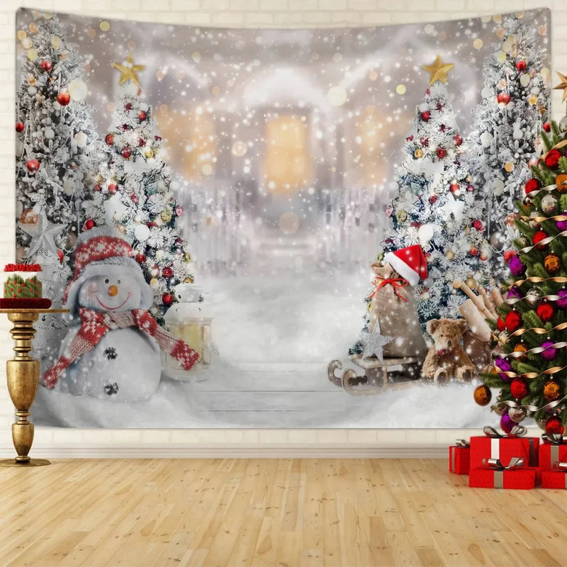 Axyaa Winter Snow Scene Christmas Tree Tapestry for Festive Living Room Decoration