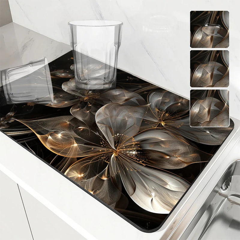 Floral Lines Translucent Flowers Non-Slip Drying Mat for Kitchen Counter by Axyaa