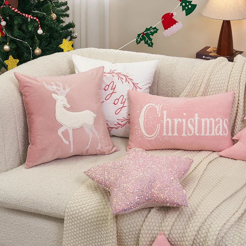 Axyaa Tufted Embroidered Christmas Cushion Cover Deer Candy Cane Gold Beige