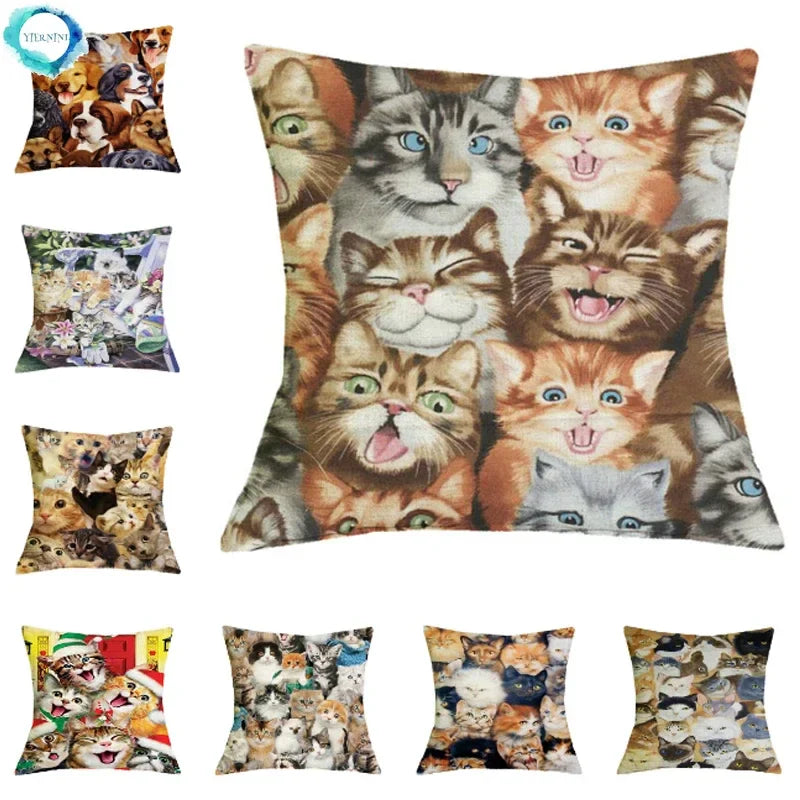 British Cat Golden Retriever Print Linen Cushion Cover - Axyaa Home Decor
