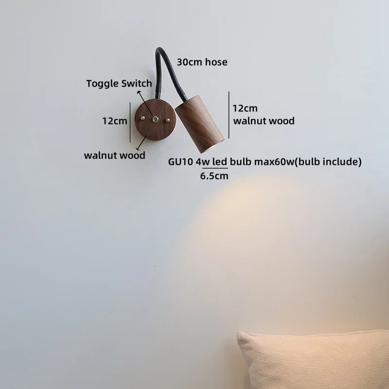 Axyaa Walnut Wood LED Wall Lamp 30cm Black Hose, Modern Nordic Design