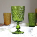 Axyaa Vintage Green Amber Embossed Wine Goblets Heavy Thick Glass Cup Set