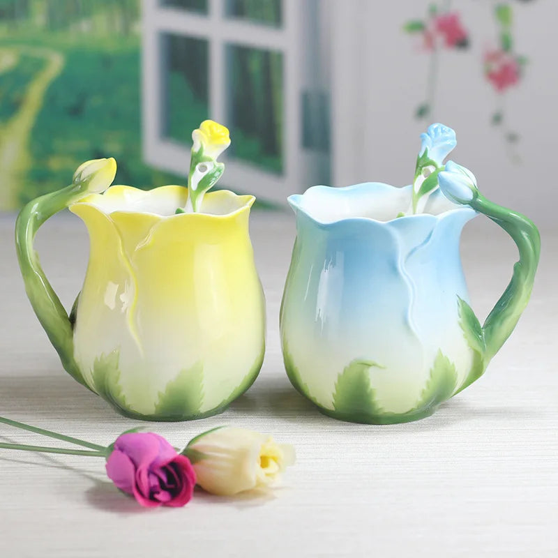 Axya Rose Ceramic Coffee Cup with Spoon - Embossed Cartoon Flower Pattern Mug