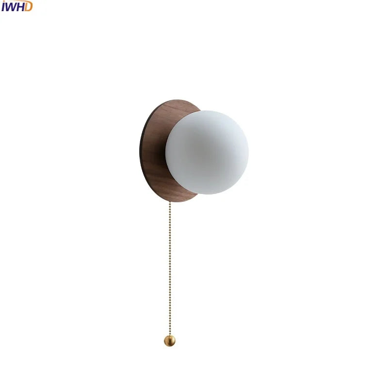 Axyaa Nordic LED Walnut Wood Glass Ball Wall Sconce with Pull Chain Switch