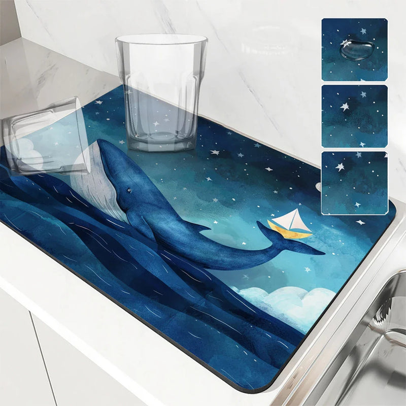Axyaa Ocean Whales Sailing Stars Absorbent Drying Mat for Kitchen Tables