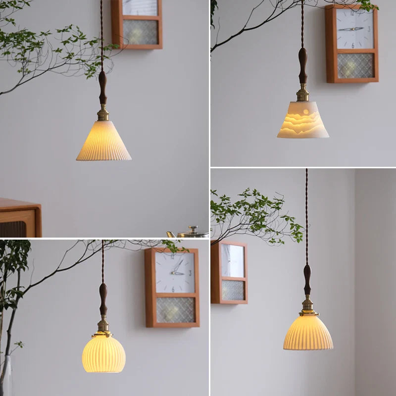 Axyaa White Ceramic LED Pendant Light with Wood Handle - Bedroom Living Room Lamp
