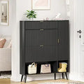 Axyaa Fluted Shoe Cabinet with 2 Flip Drawers, Beige Slim Shoe Storage