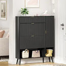Axyaa Fluted Shoe Cabinet with 2 Flip Drawers, Beige Slim Shoe Storage