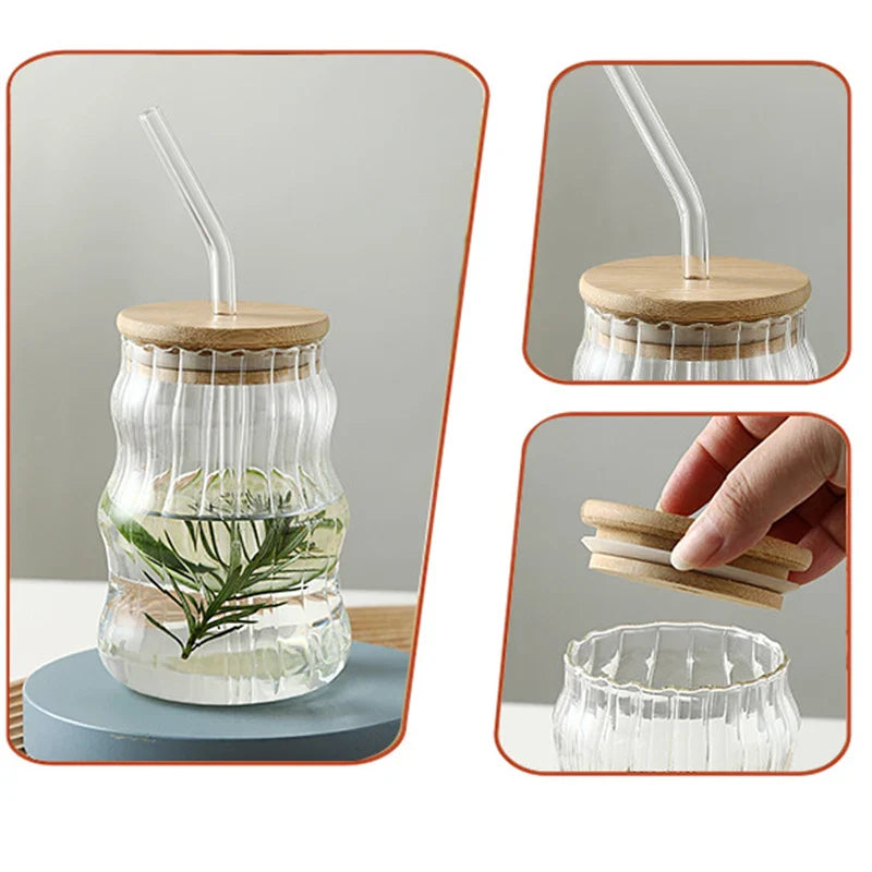 Axya 500ml Glass Tumblers with Bamboo Lid and Straw, Clear Mason Jar Drinkware