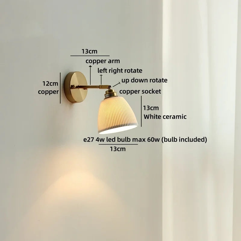 Axyaa Ceramic LED Wall Lamp: Japan Style Gold Brass Arm, Up Down Rotate