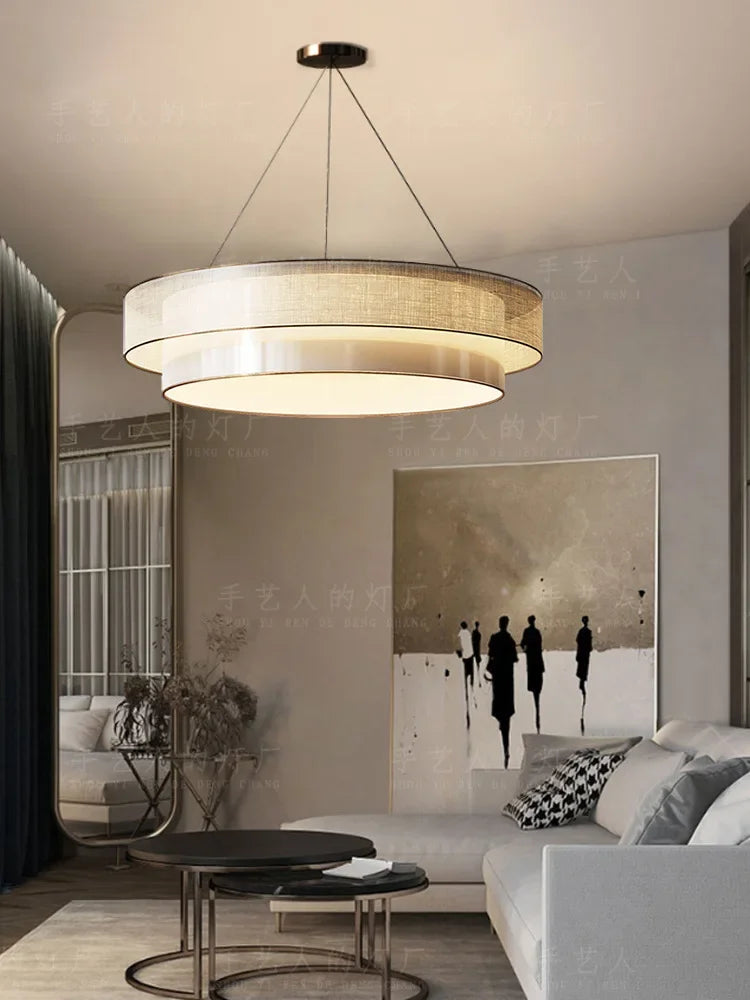 Axya Zen Circle Chandelier: Elegant Fabric Lighting for Living Room, Bedroom, Study, and Dining Room.