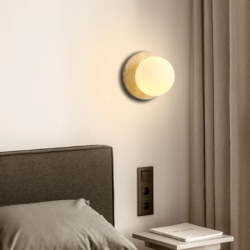 Axyaa White Glass Wall Lights with Yellow Stone Art - Pull Chain Switch, LED, Wabi Sabi Style