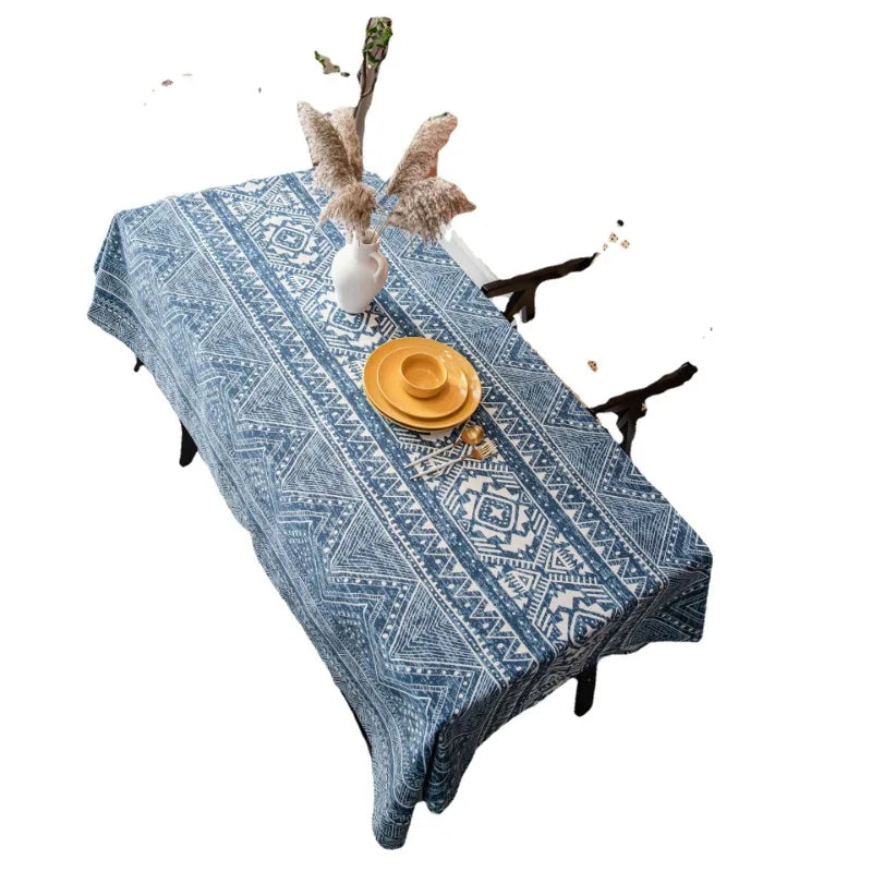 Axya Blue Geometric Triangle Printed Dining Table Cloth Cotton Linen Table Cover