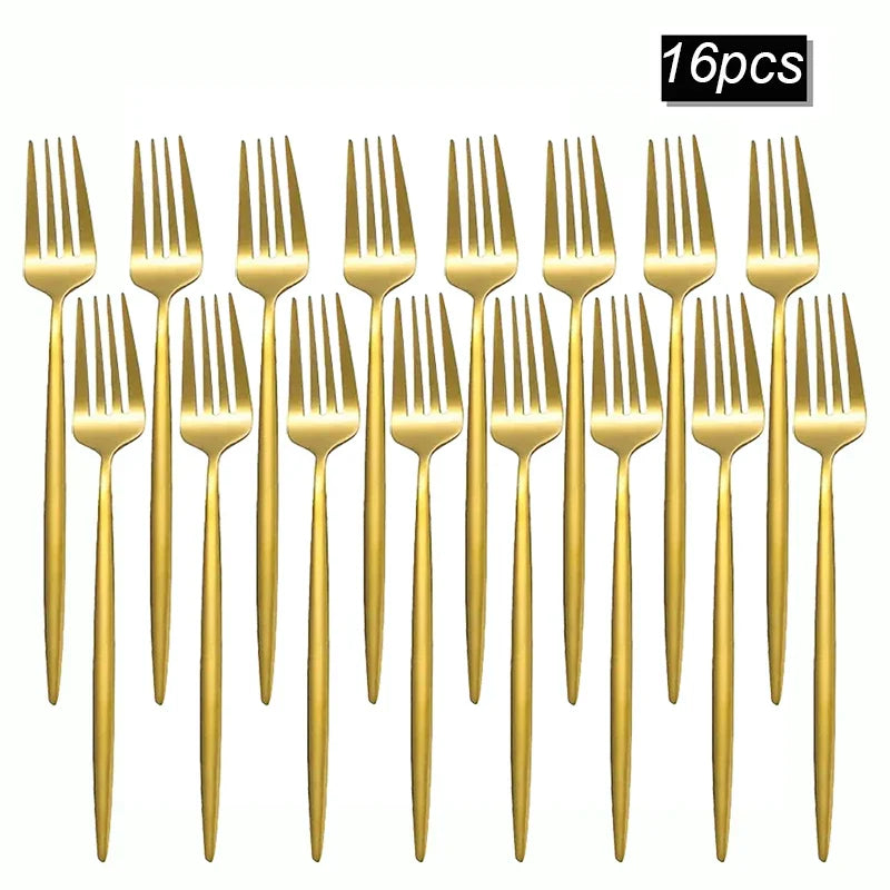Axyaa 16pcs Stainless Steel Gold Tableware Dinner Fork Set