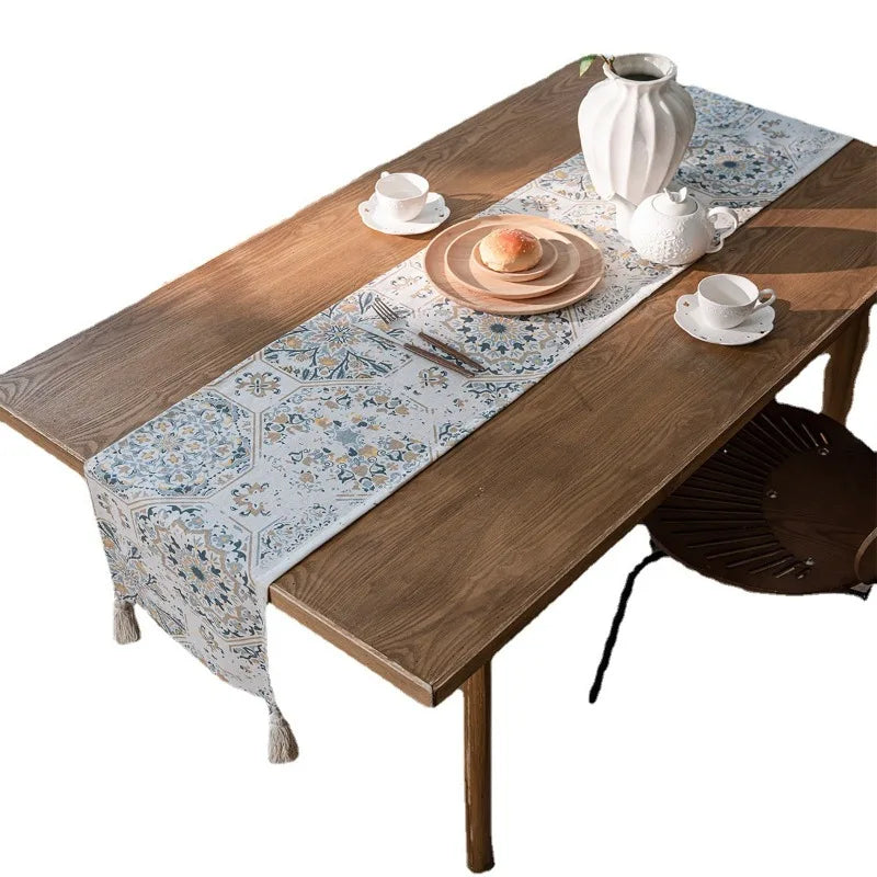 Axya Retro Print Table Runner with Tassel Detail for Dining Table - Single Layer