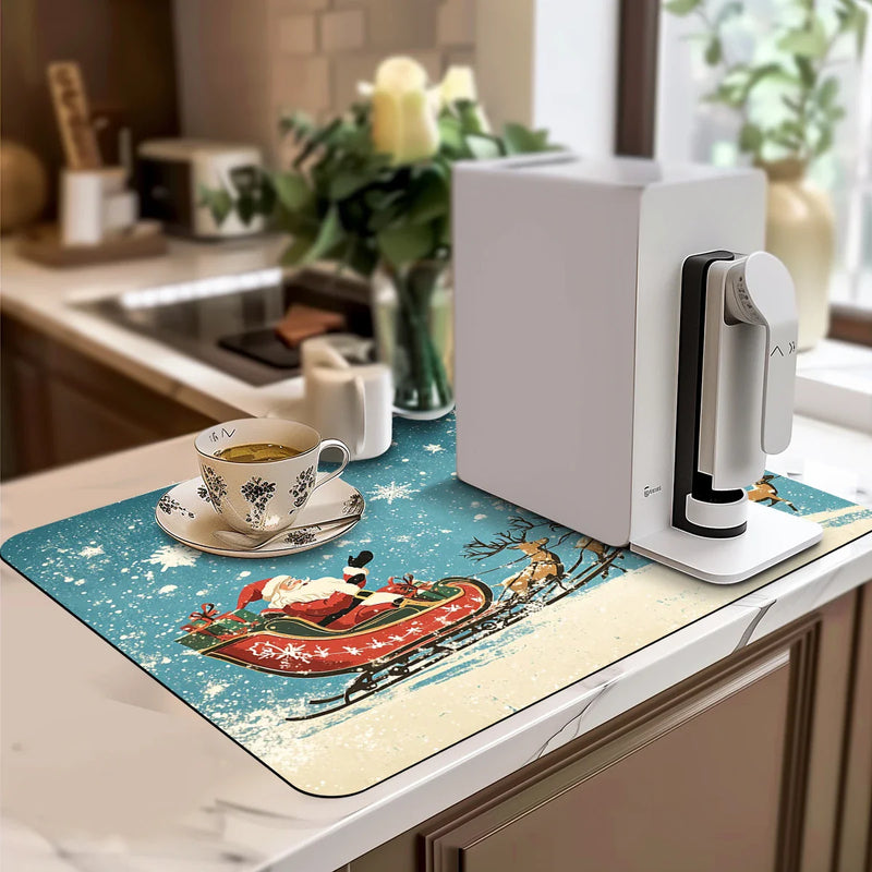Axyaa Christmas Santa Kitchen Absorbent Mat - Antiskid & Quick Draining Tableware Mat