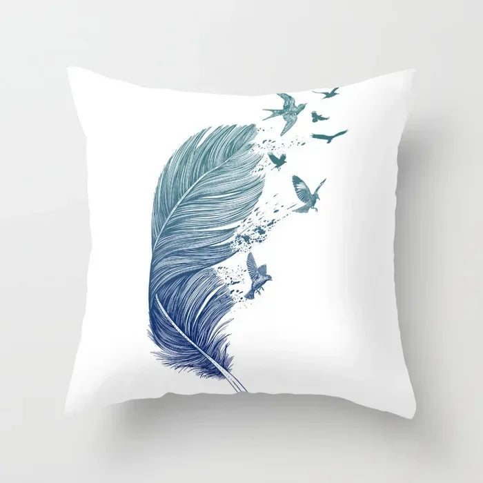 Axyaa White Feather Pillowcase Blue Polyester Cushion Cover for Home Decor