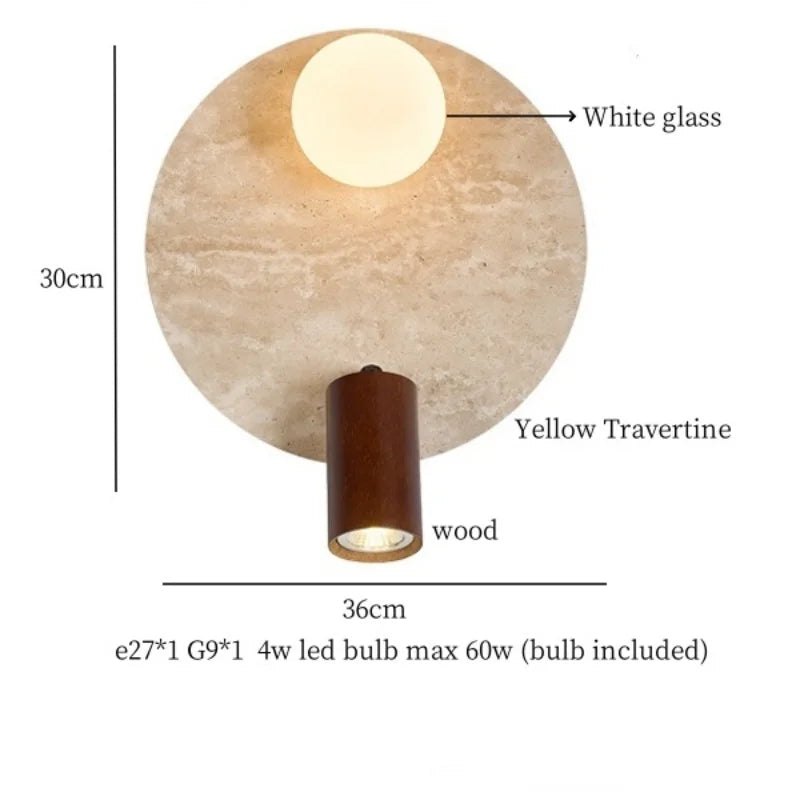 Axyaa White Glass LED Wall Light - Yellow Travertine Button Switch - Wabi Sabi Design
