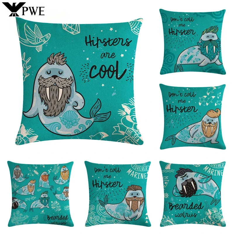 Axyaa Sea Lion Linen Pillowcase for Sofa Bedroom Children's Room Decor 45cm*45cm