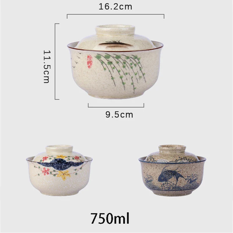 Axya 6.5" Japanese Ramen Bowl With Lid - Ceramic Noodle Soup Bowl