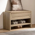 Axyaa Rattan Shoe Bench with Storage Drawer, Linen Seat, Farmhouse Boho Style