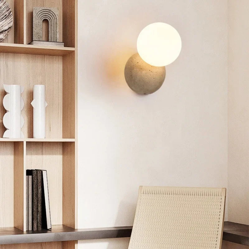 Axyaa Wabi Sabi LED Wall Light Yellow Travertine Stone Glass Ball Bedside Lamp