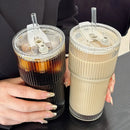 Axyaa Striped Glass Coffee Cup with Straw, Large Capacity Cold Drink Cup