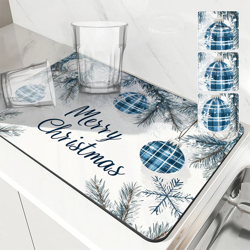 Axyaa Christmas Fir Kitchen Drying Mat - Absorbent Table Cup Placemat