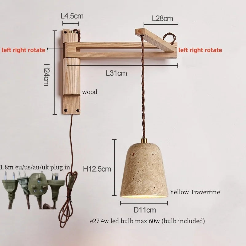 Axyaa Wood Stone LED Wall Lamp with Pull Switch, Stretching and Folding for Home Lighting