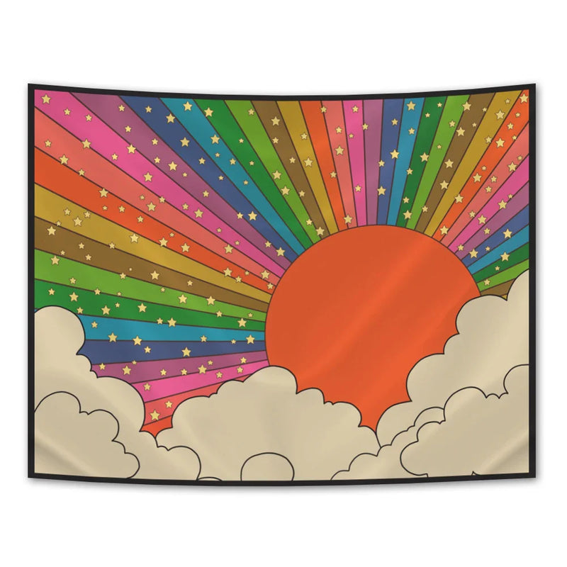 Boho Sun Moon Phase Rainbow Tapestry by Axyaa - Bedroom Decor Bedspread