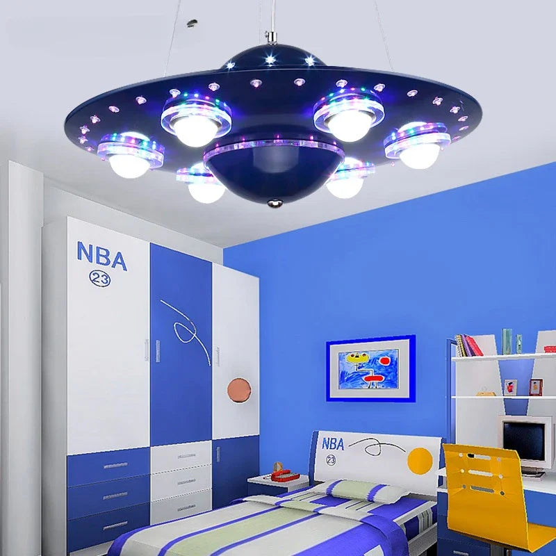 Axyaa Alien UFO Design Led Pendant Light for Children's Room - Creative Iron Art Flying Saucer Chandelier